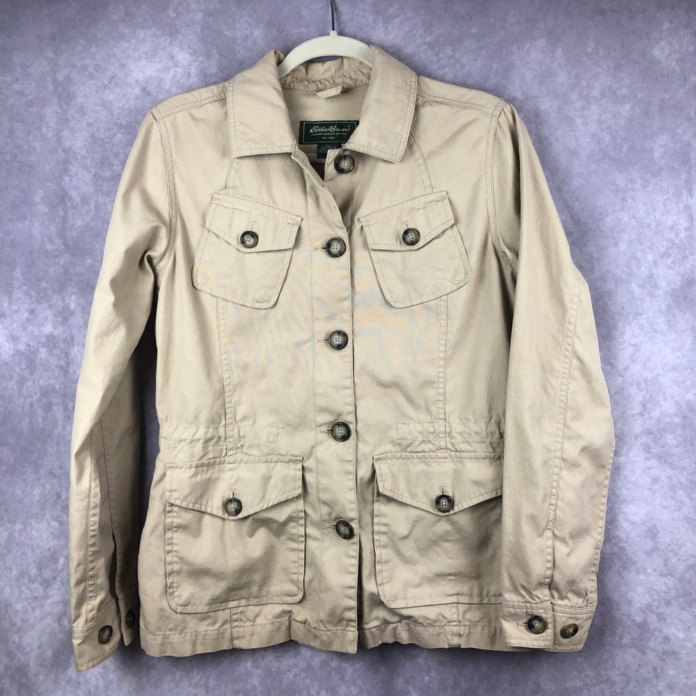 Eddie Bauer‎ Jacket Womens Small Tan Khaki Lightweight Cotton Button Up Chore
